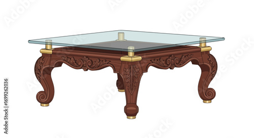 Ornate carved wooden table with a square glass top, vintage design