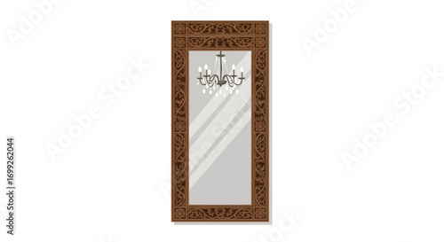 Ornate Full-Length Mirror with Intricate Woodwork and Chandelier Reflection