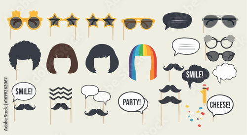 Download fun photo booth props vector set for parties weddings birthdays and celebrations with glasses wigs 100 vector