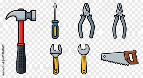 Hand tools set vector illustration featuring hammer screwdriver pliers wrench and saw for diy projects vector