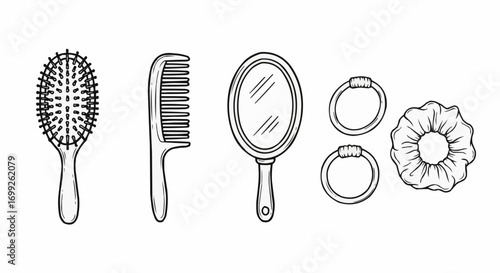 Hair styling tools and accessories vector illustration featuring brush comb mirror and scrunchies for beauty needs vector