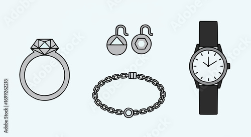 Shop stylish jewelry collection: diamond ring, chain bracelet, earrings, and wrist watch for women online vector