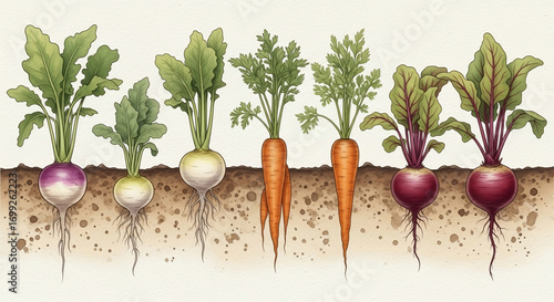 Root vegetables growing in soil illustration