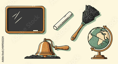 Back to school illustration with blackboard, chalk, duster, bell, and globe vector image for education 100 vector