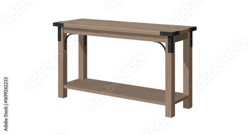 Rustic wooden console table with metal accents isolated on white backdrop