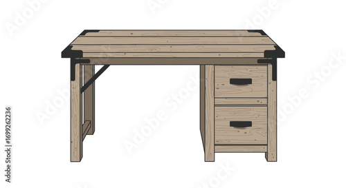 Rustic Wooden Desk Illustration with Drawers and Metal Corner Braces