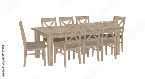 Rustic wooden dining set featuring a spacious table and chairs arrangement