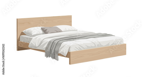 Scandinavian Style Platform Bed Frame with Pillows and Throw Blanket