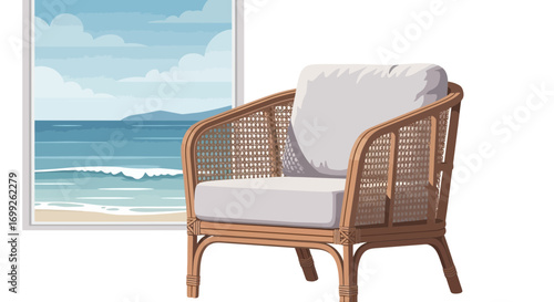Serene coastal scene with rattan armchair and beach view artwork inside