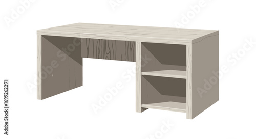 Simple woodgrain desk with shelves, minimal design furnishing illustration