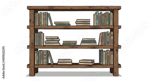 Sketch Illustration of a Rustic Wooden Bookshelf Filled with Books