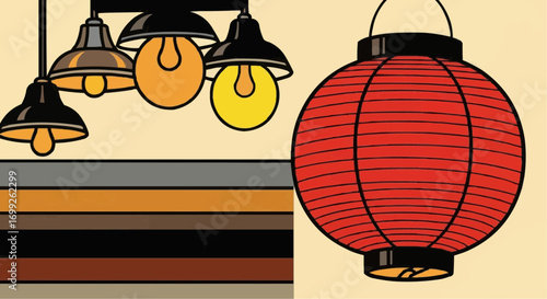 Illustration of pendant lights and a red paper lantern for home decor and oriental style lighting design ideas vector