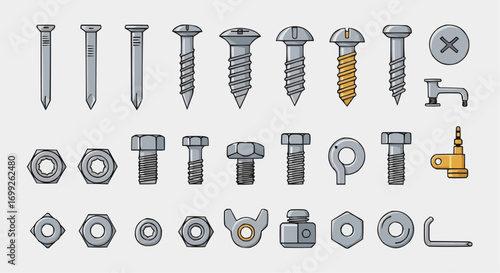 Explore various types of fasteners nails screws bolts nuts washers and hardware for construction projects vector
