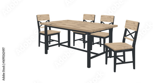 Stylish Rustic Dining Set with Wooden Table and Chairs Illustration