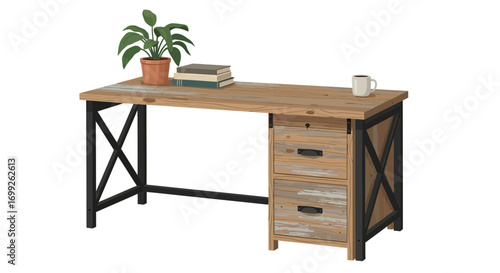 Stylish wooden desk with drawers, plant, books and mug still life