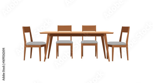 Stylish wooden dining set with four chairs isolated on white background