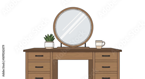 Stylish wooden vanity with round mirror, succulent and patterned mug
