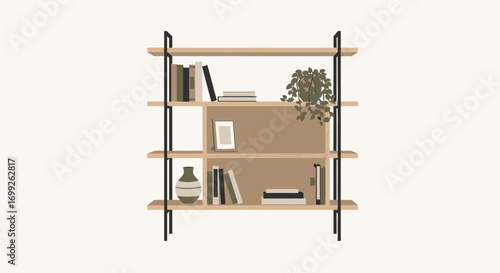 Stylized illustration of a bookshelf with books and decorations inside