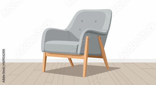 Stylized gray armchair with wooden frame on parquet flooring backdrop