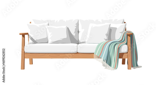 Stylized illustration of a cozy white sofa with a striped blanket drape