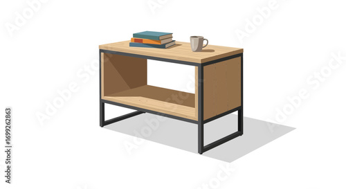 Stylized illustration of a modern side table with books and mug