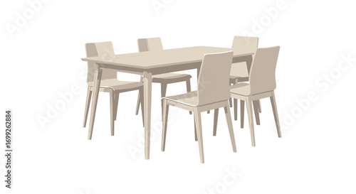 Stylized illustration of a minimalist dining table and six chairs arrangement