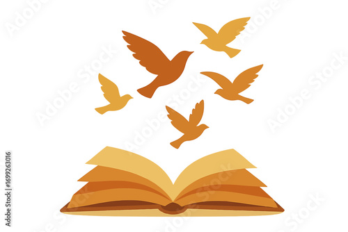 Open book with flying birds in gradient warm colors