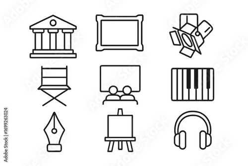 Art and entertainment icons on dark background highlighting various artistic elements