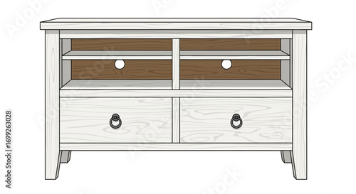 Stylized media console with shelves and drawers, white wood finish, decorative handles