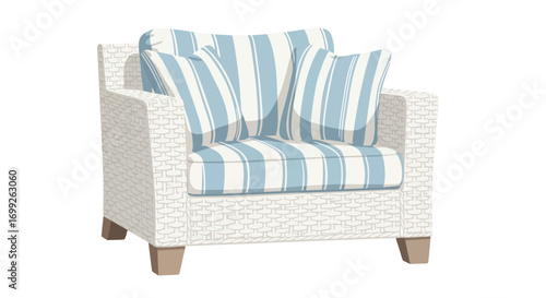 Stylized Rattan Armchair with Blue and White Striped Cushions Artwork