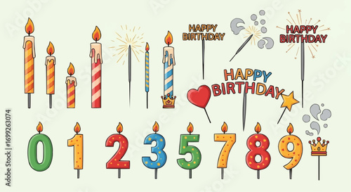 Birthday candles vector set, cake candles, number candles, sparklers, happy birthday toppers, party supplies vector