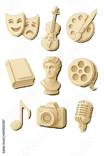 Creative arts icons: theater, music, literature, film, visual arts in 3d cartoon style