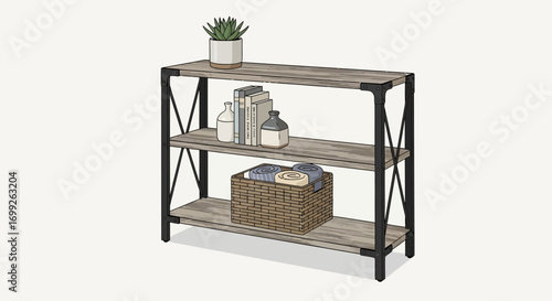 Three-Tiered Industrial Shelf with Accessories in an Interior Setting