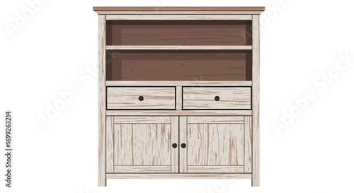 Vector illustration of a vintage hutch cabinet with shelves and drawers