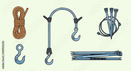 Explore essential rigging equipment rope hooks and zip ties for securing and fastening solutions today vector
