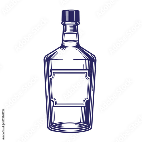 Detailed vintage illustration of a whiskey bottle with empty label and stylish outline