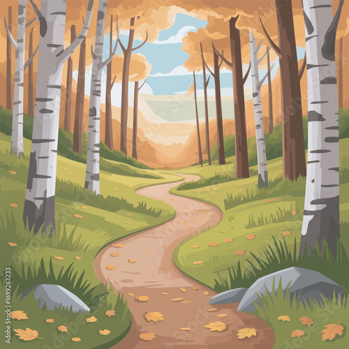 Autumn Forest Path Vector Illustration: Woodland Scenery with Fall Foliage and Trail