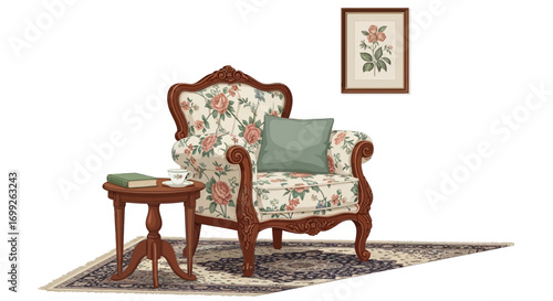Vintage armchair with floral pattern and antique decor on patterned rug