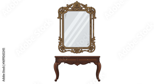 Vintage dressing table with an ornate gold frame mirror reflection