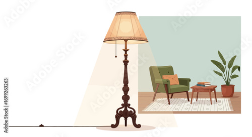 Vintage Living Room with Floor Lamp and Cozy Interior Illustration