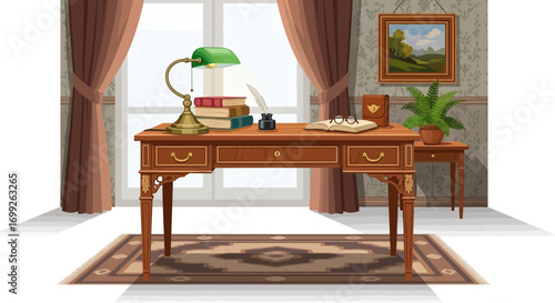 Vintage study room setup with antique wooden desk and reading materials