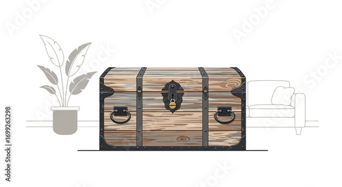 Vintage Treasure Chest Illustration Amidst Interior Accents and Furnishings