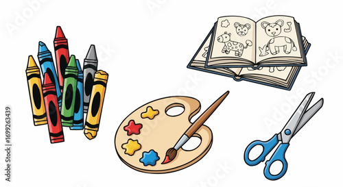 Explore art supplies for kids coloring book crayons paint palette and scissors creative tools for children vector