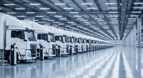 Electric trucks charging in modern industrial depot