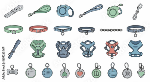 Dog collars leashes harnesses tags and accessories vector set for pet owners and animal lovers design asset vector