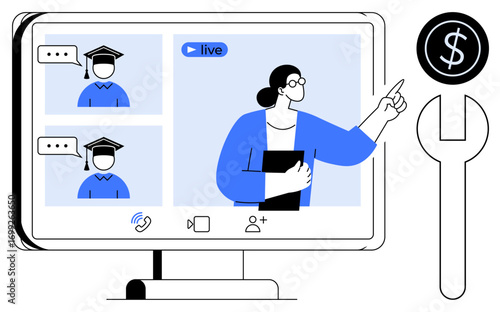 Teacher instructing students with graduation caps during live virtual class. Dollar sign and wrench highlight financial planning, budgeting, learning tools. Ideal for e-learning, technology