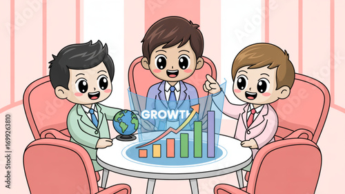 Cartoon business meeting team discussing company growth strategy and global market expansion for success planning