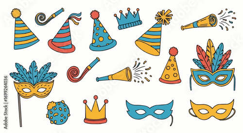 Set of party celebration elements including hats masks noisemakers and crowns for birthday or new year eve 100 vector