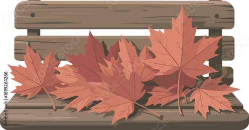 Autumn Maple Leaves on Wooden Bench Illustration with Rustic Charm on Transparent Backdrop