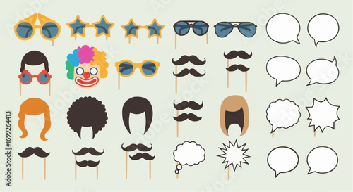 Download fun photo booth props for parties and events with glasses mustaches wigs and speech bubbles vector set vector